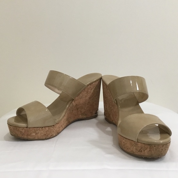 Jimmy Choo Shoes - Patent Jimmy Choo Wedges Sandals in tan.